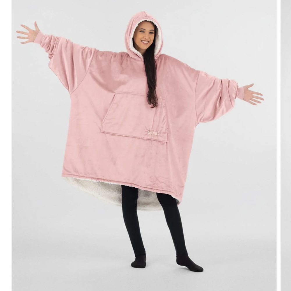 The Comfy Youth Medium Pink Plush Wearable Blanket Hoodie Sherpa Lined